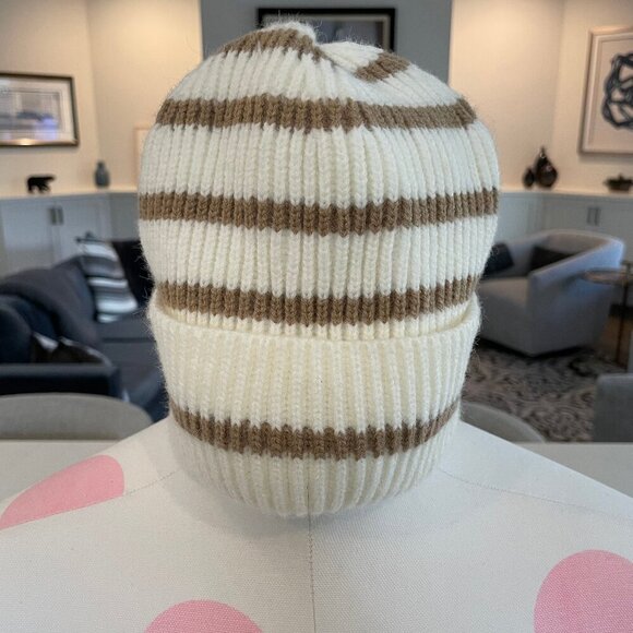 Hand Crafted Cozy Knit Ribbed Striped Toque Neutral Cream & Tan Sz OS - no tags - Picture 2 of 5
